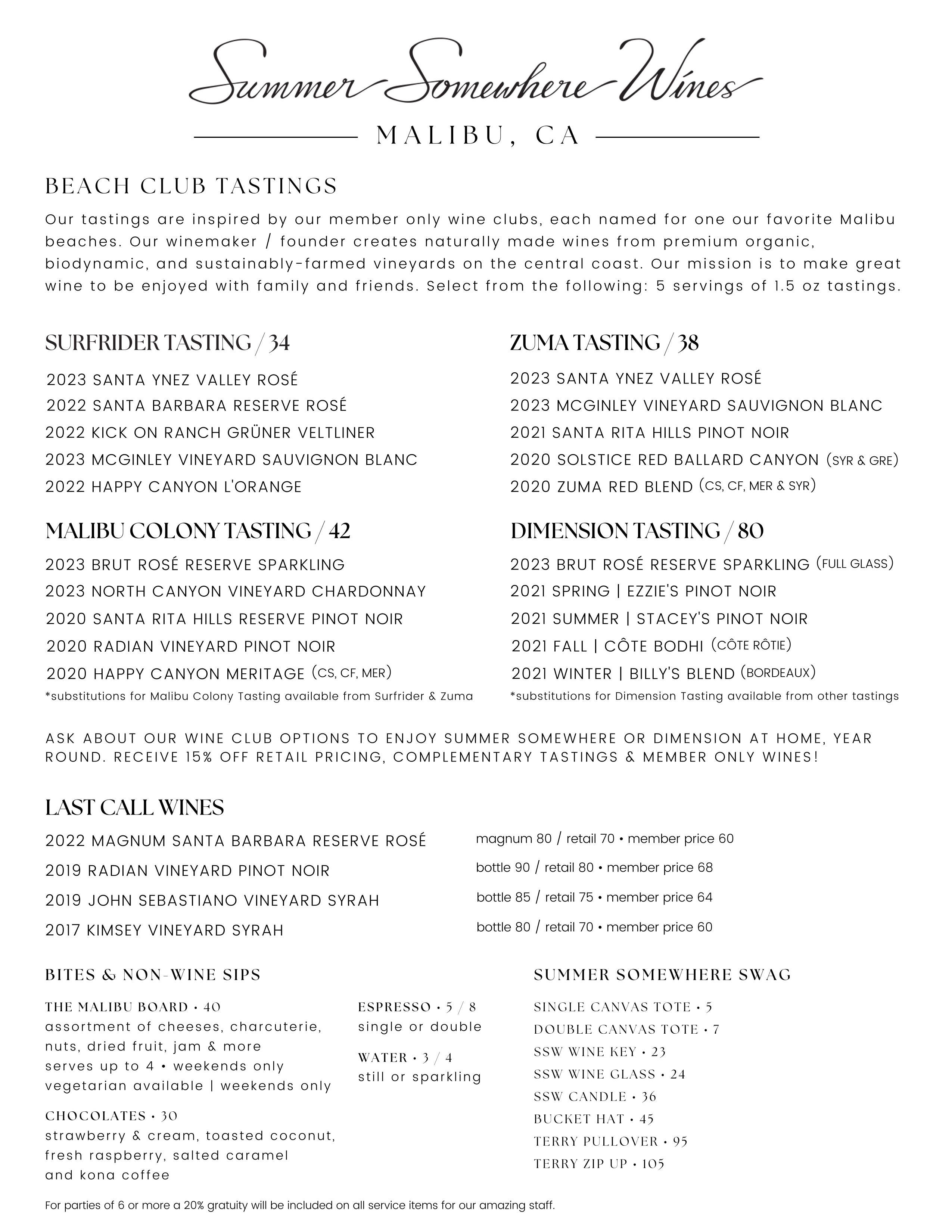 Tasting Room Menu